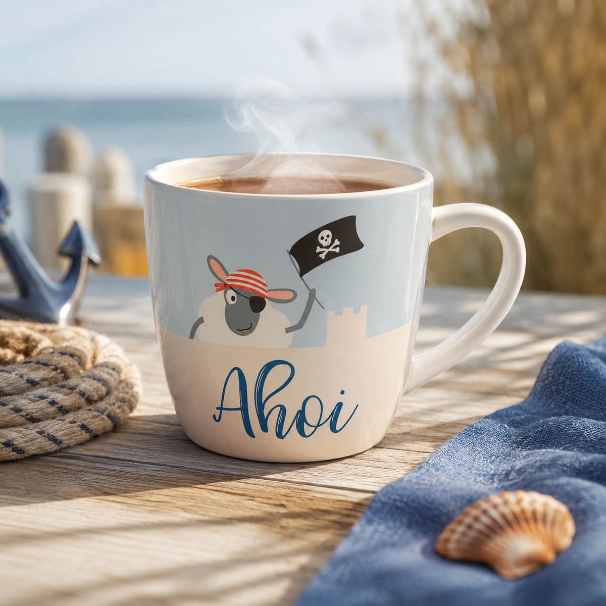 Maxi Becher „Ahoi" mit Schaf – große Tasse im maritimen Alltag