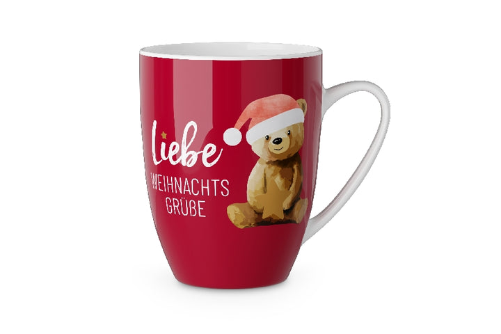 Weihnachtlicher Becher Tasse mit Aufschrift Liebe Weihnachtsgrüße und süßem Bär als Motiv von Geschenk für Dich