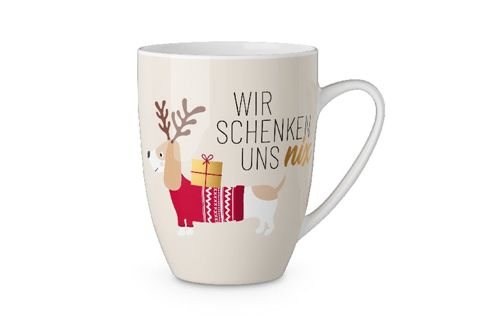 Weihnachtlicher Becher Tasse mit Aufschrift Wir schenken uns nix und süßem Weihnachts-Dackel als Motiv von Geschenk für Dich
