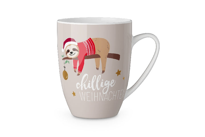 Weihnachtlicher Becher Tasse mit Aufschrift Chillige Weihnachten und süßem Faultier Motiv von Geschenk für Dich
