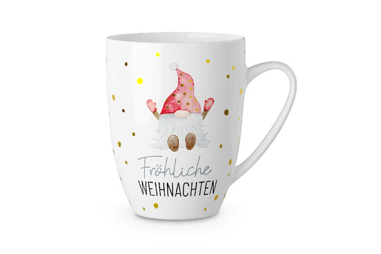 Becher mit Aufschrift „Fröhliche Weihnachten“ und Wichtel Motiv von Geschenk für Dich