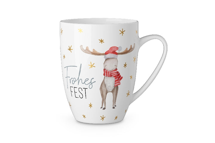Weihnachtlicher Becher Tasse mit Aufschrift Frohes Fest mit süßen Elch Motiv von Geschenk für Dich