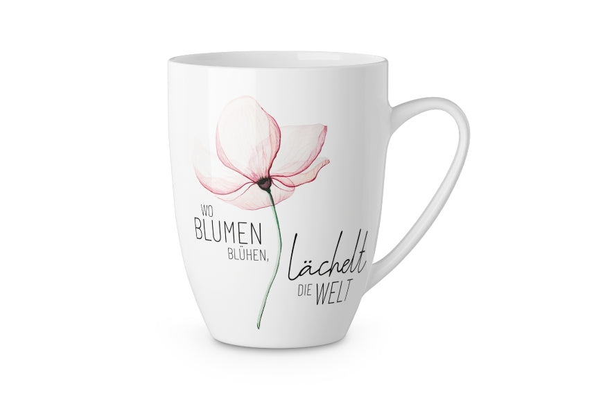 950593 Becher Tasse mit Aufschrift Wo Blumen blühen, lächelt die Welt von Geschenk für Dich, 4027268335237
