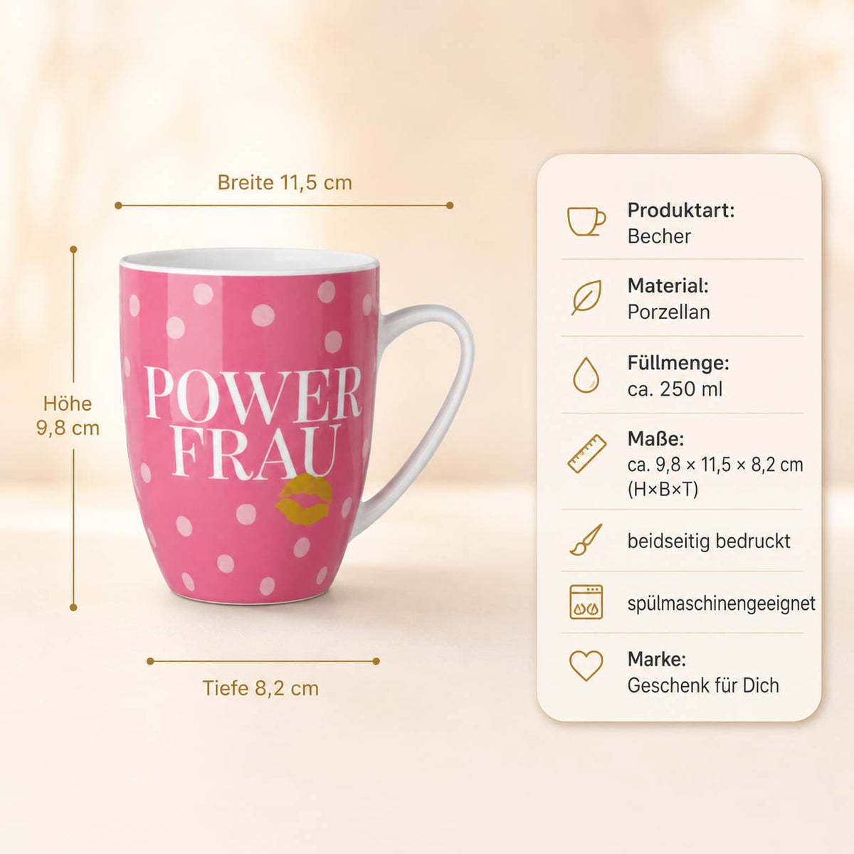 Tasse „Power Frau“ – Porzellan, 250 ml, ca. 9,8 × 11,5 × 8,2 cm, beidseitig bedruckt, spülmaschinengeeignet