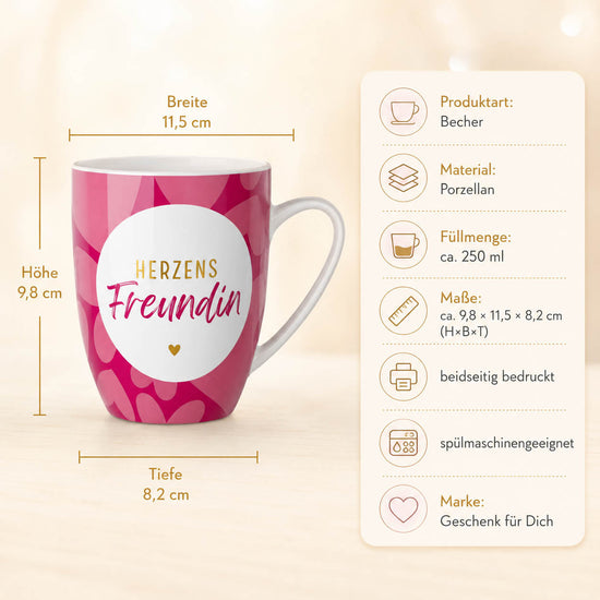Tasse „Herzens Freundin“ – Porzellan, 250 ml, ca. 9,8 × 11,5 × 8,2 cm, beidseitig bedruckt, spülmaschinengeeignet