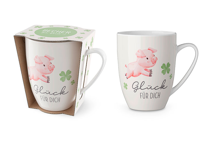 Becher „Glück für Dich“ von Geschenk für Dich – fröhlicher Becher mit Glücksschweinchen & Kleeblattmotiv