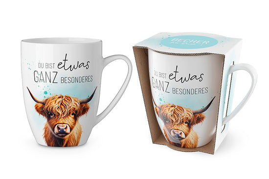 Porzellan Becher „Du bist etwas ganz Besonderes“ Beidseitiger Druck, 250 ml, süßes Hochlandrind-Motiv