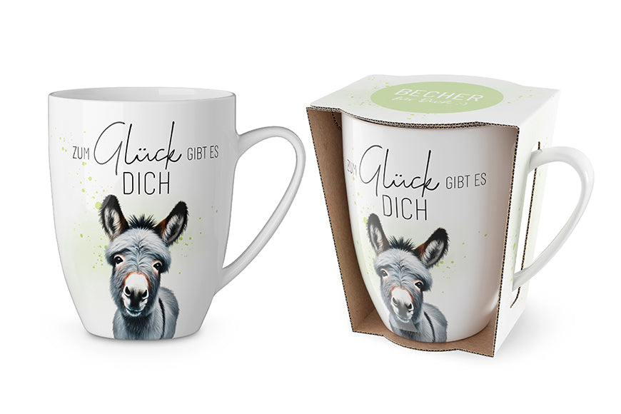 Porzellan Becher „Zum Glück gibt es Dich“
Beidseitig bedruckt mit liebevollen Esel-Motiv