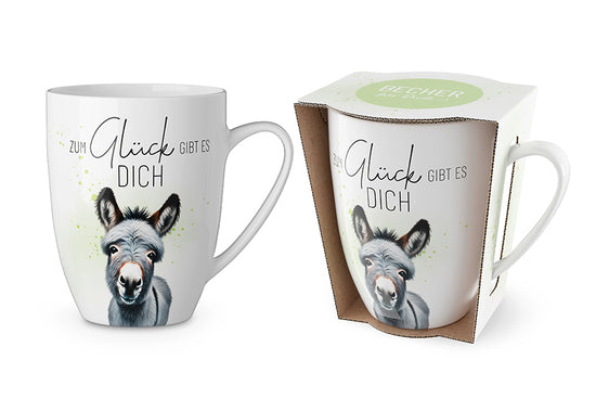Porzellan Becher „Zum Glück gibt es Dich“
Beidseitig bedruckt mit liebevollen Esel-Motiv