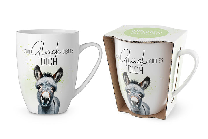 Porzellan Becher „Zum Glück gibt es Dich“
Beidseitig bedruckt mit liebevollen Esel-Motiv