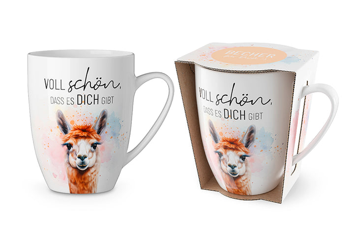 Porzellan Becher – Alpaka „Voll schön, dass es Dich gibt“
Beidseitiger Druck, 250 ml, liebevolles Tiermotiv