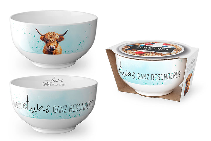 Schälchen mit Hochlandrind Motiv und Spruch „Du bist etwas ganz Besonderes“ von Geschenk für Dich