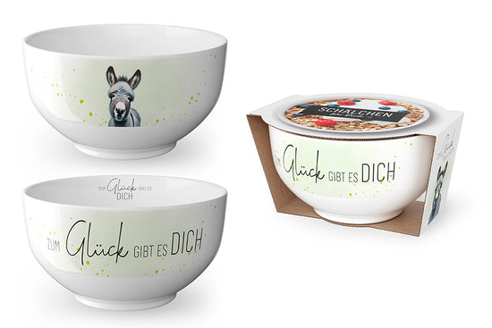 Schälchen mit Spruch „Zum Glück gibt es Dich“ und süßem Esel Motiv von Geschenk für Dich