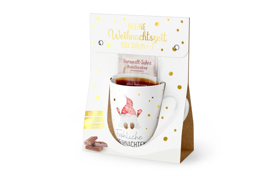 Geschenkset Kleine Auszeit "Fröhliche Weihnachten“ von Geschenk für Dich mit Becher, Tee & Schokolade. Wichtelmotiv & Aufschrift „Fröhliche Weihnachten“