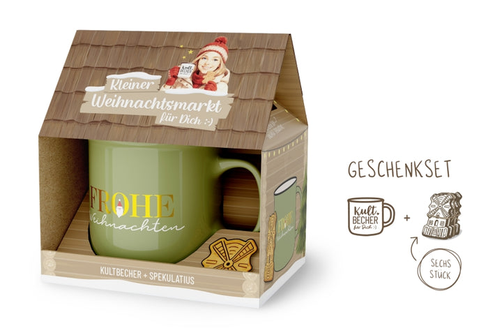 Kleiner Weihnachtsmarkt Geschenkset Frohe Weihnachten – Kultbecher Salbeigrün mit Wichtel + Spekulatius im Haus-Design