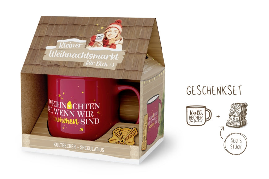 Kleiner Weihnachtsmarkt Geschenkset Weihnachten ist wenn wir zusammen sind – Kultbecher Bordeauxrot + Spekulatius im Haus-Design