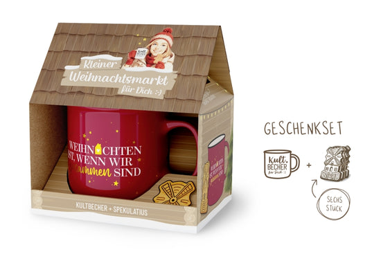 Kleiner Weihnachtsmarkt Geschenkset Weihnachten ist wenn wir zusammen sind – Kultbecher Bordeauxrot + Spekulatius im Haus-Design