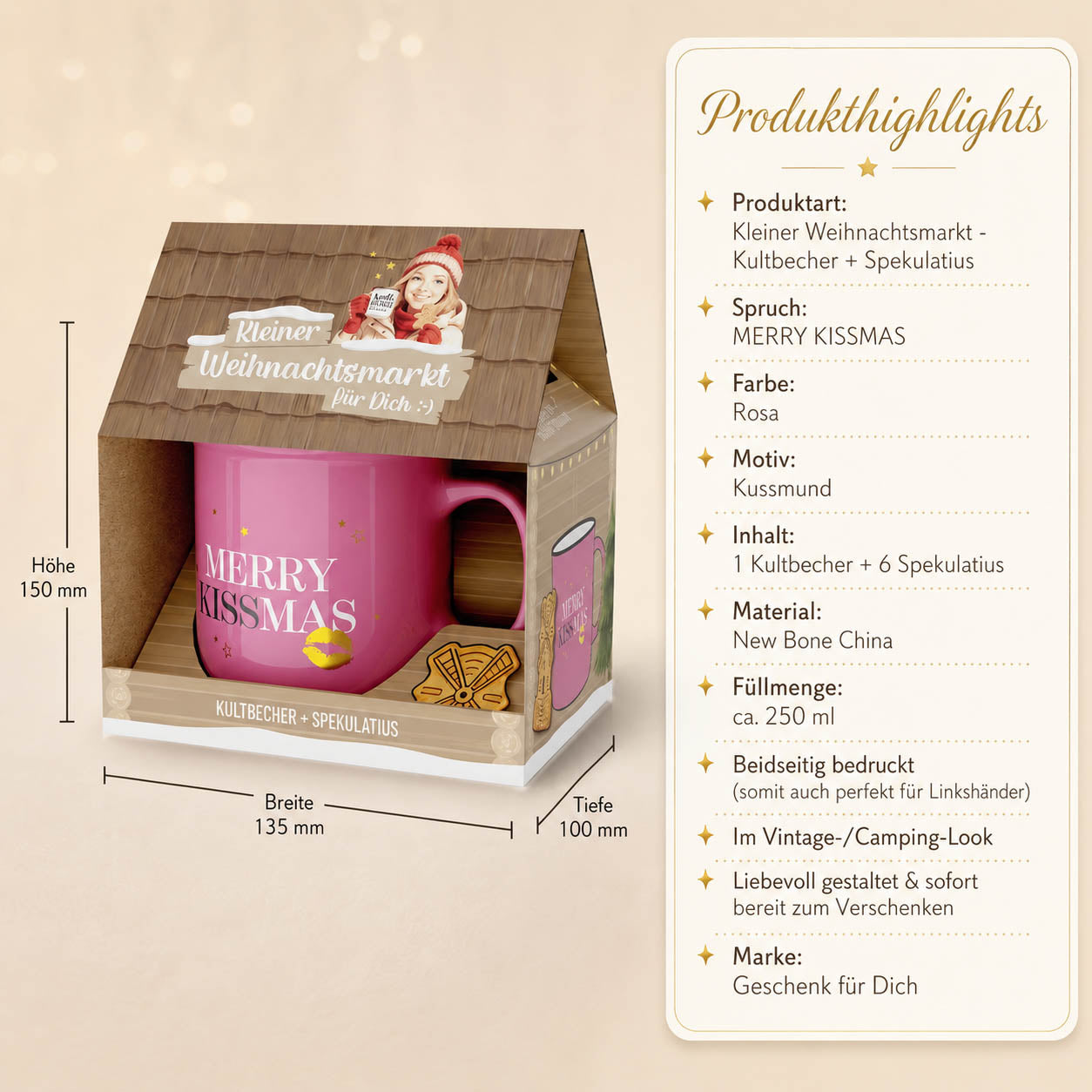 Kleiner Weihnachtsmarkt Merry Kissmas – Produkthighlights, 1 Kultbecher 250 ml + 6 Spekulatius, Maße 150 × 135 × 100 mm, Motiv Kussmund