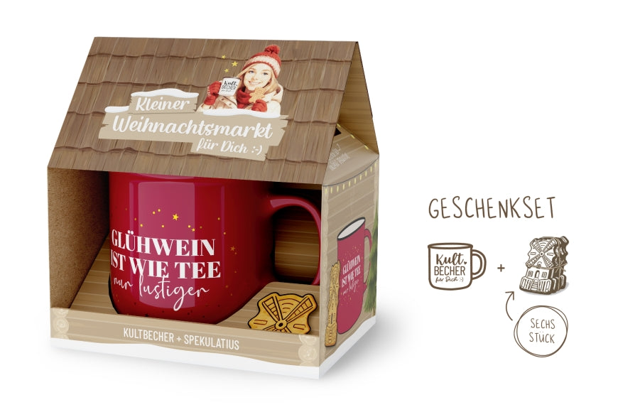 Kleiner Weihnachtsmarkt Geschenkset Glühwein ist wie Tee nur lustiger – Kultbecher Bordeaux + Spekulatius im Haus-Design