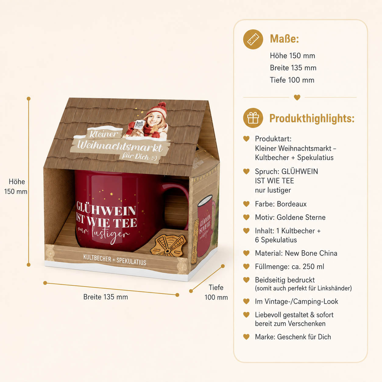 Kleiner Weihnachtsmarkt Glühwein ist wie Tee – Produkthighlights, Kultbecher 250 ml + 6 Spekulatius