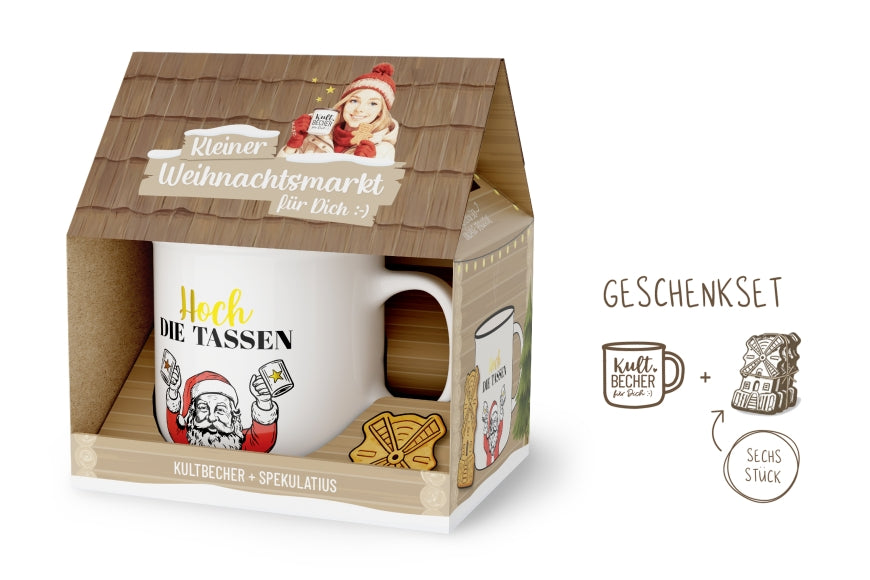 Kleiner Weihnachtsmarkt Geschenkset Hoch die Tassen – Kultbecher Cremeweiß mit Weihnachtsmann + Spekulatius im Haus-Design