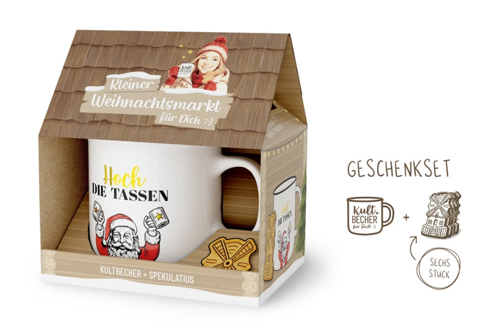 Kleiner Weihnachtsmarkt Geschenkset Hoch die Tassen – Kultbecher Cremeweiß mit Weihnachtsmann + Spekulatius im Haus-Design