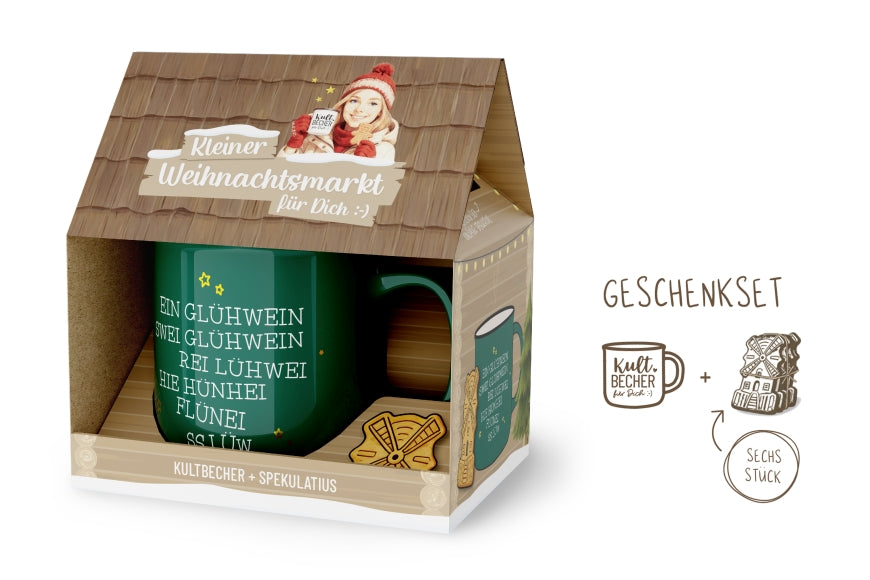 Kleiner Weihnachtsmarkt Geschenkset lustiger Glühwein-Spruch – Kultbecher Dunkelgrün + Spekulatius im Haus-Design