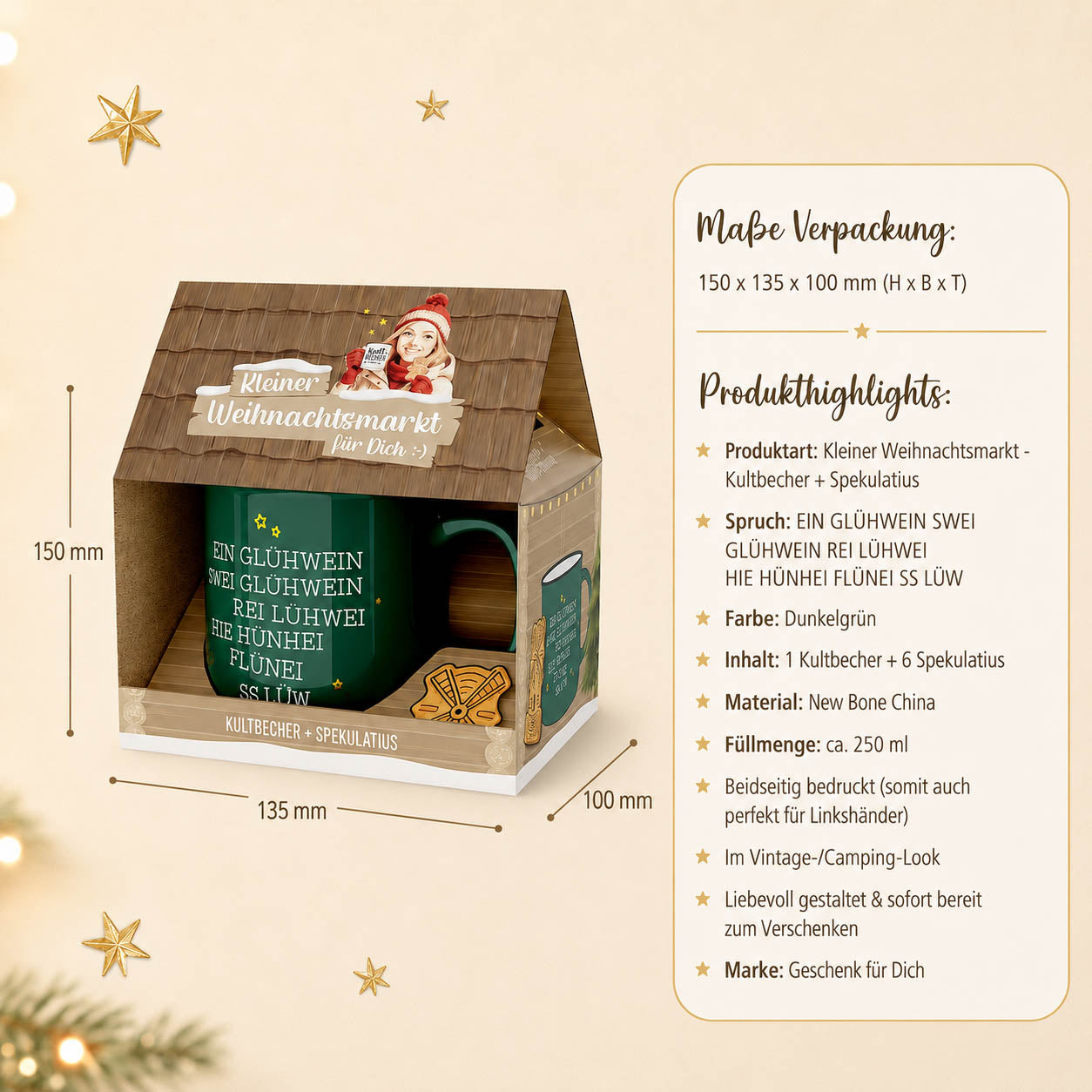 Kleiner Weihnachtsmarkt lustiger Glühwein-Spruch – Produkthighlights, Kultbecher 250 ml + 6 Spekulatius
