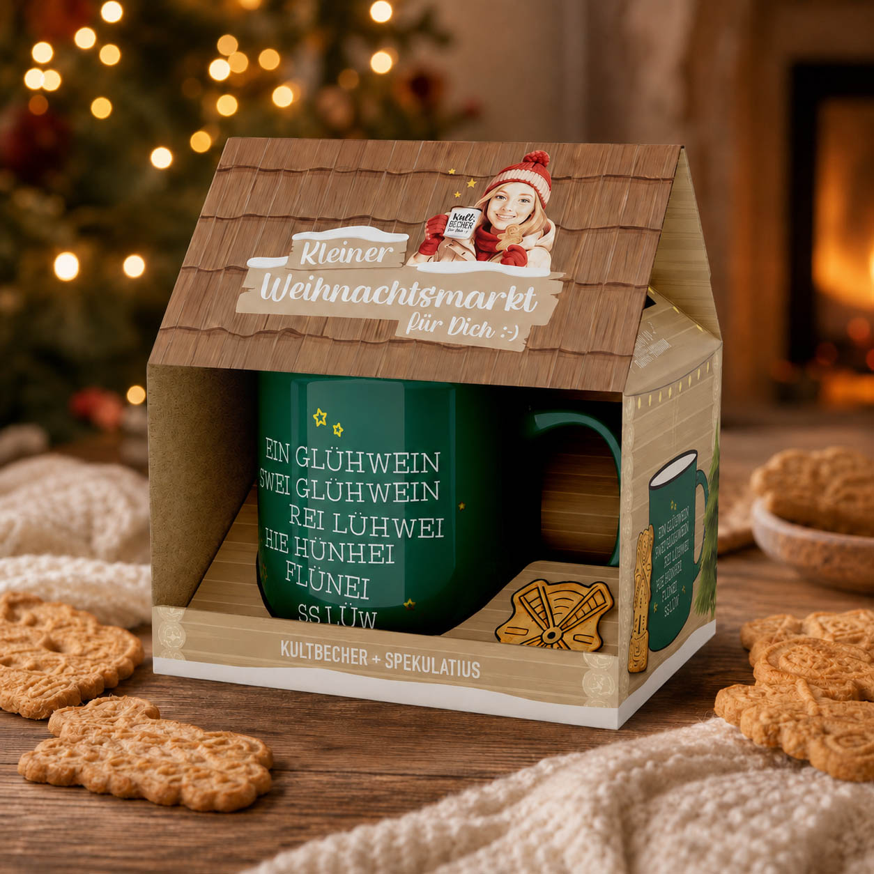 Kleiner Weihnachtsmarkt Glühwein-Spruch Dunkelgrün Set stimmungsvoll – Geschenk für Dich