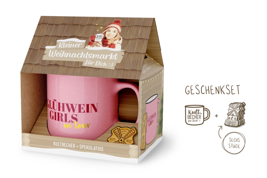 Kleiner Weihnachtsmarkt Geschenkset Glühwein Girls on tour – Kultbecher Rosa + Spekulatius im Haus-Design