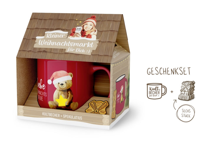 Kleiner Weihnachtsmarkt Geschenkset – Kultbecher Liebe Weihnachtsgrüße in Rot mit Teddybär, 6 Spekulatius im Weihnachtshaus-Design – Geschenk für Dich