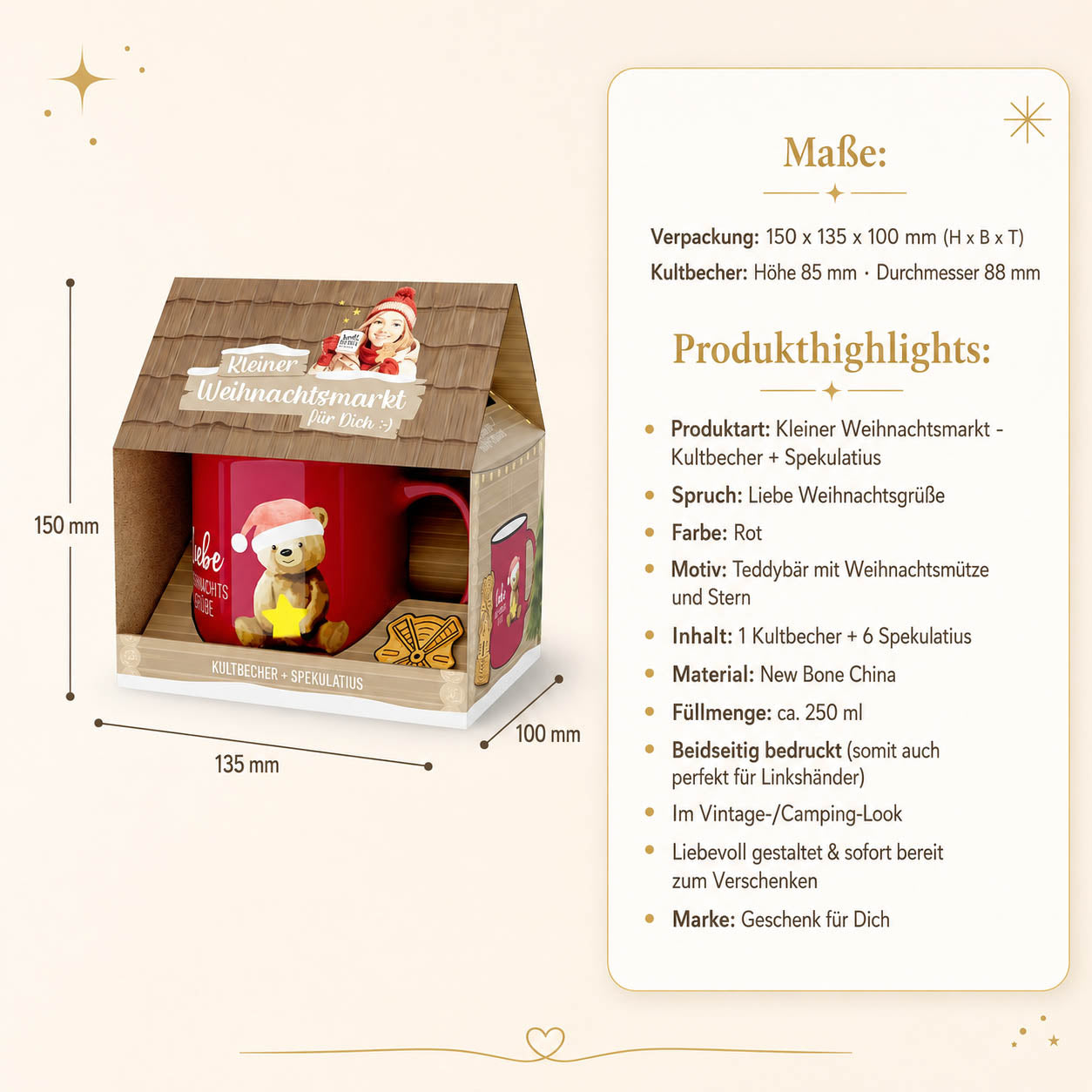 Infografik Kleiner Weihnachtsmarkt Liebe Weihnachtsgrüße – Maße und Highlights: Becher 250 ml New Bone China, 6 Spekulatius, beidseitig bedruckt