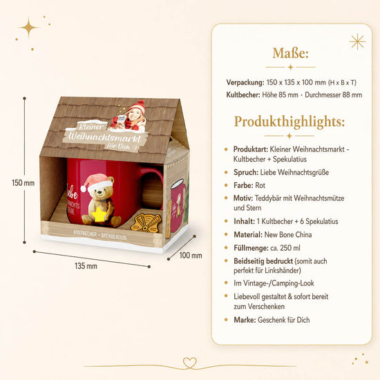 Infografik Kleiner Weihnachtsmarkt Liebe Weihnachtsgrüße – Maße und Highlights: Becher 250 ml New Bone China, 6 Spekulatius, beidseitig bedruckt