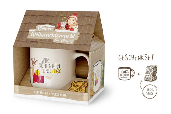 Kleiner Weihnachtsmarkt Geschenkset – Kultbecher Wir schenken uns nix in Cremeweiß mit Dackel, 6 Spekulatius im Weihnachtshaus-Design – Geschenk für Dich