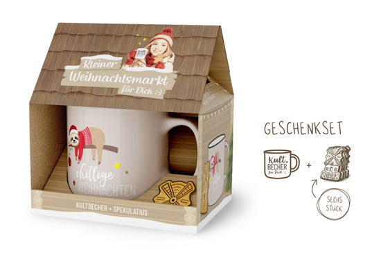 Kleiner Weihnachtsmarkt Geschenkset – Kultbecher Chillige Weihnachten in Cremeweiß mit Faultier, 6 Spekulatius im Weihnachtshaus-Design – Geschenk für Dich