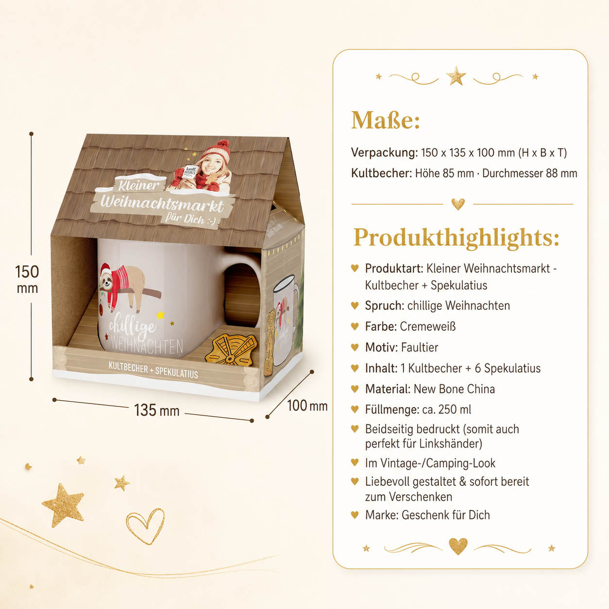 Infografik Kleiner Weihnachtsmarkt Chillige Weihnachten – Maße und Highlights: Becher 250 ml New Bone China, 6 Spekulatius, beidseitig bedruckt