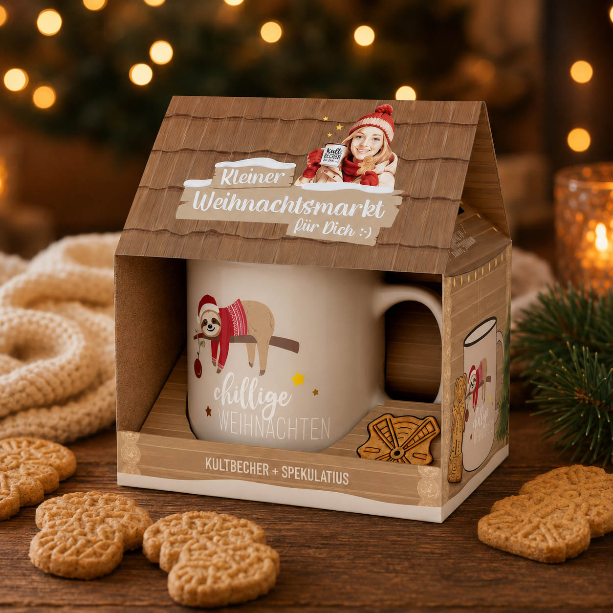 Cremeweißer Kultbecher Chillige Weihnachten mit Faultier-Motiv und Spekulatius auf gemütlichem Weihnachtstisch