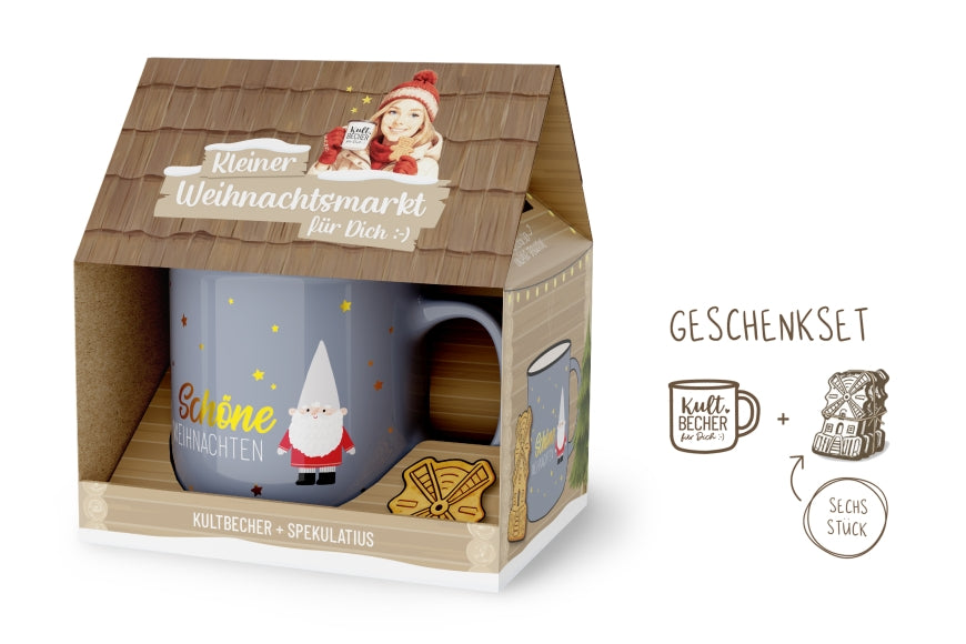 Kleiner Weihnachtsmarkt Geschenkset – Kultbecher Schöne Weihnachten in Blaugrau mit Zwerg, 6 Spekulatius im Weihnachtshaus-Design – Geschenk für Dich