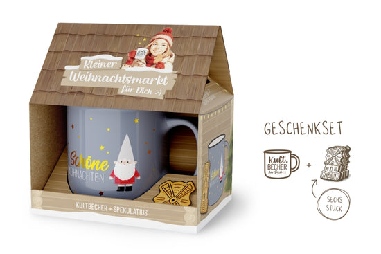 Kleiner Weihnachtsmarkt Geschenkset – Kultbecher Schöne Weihnachten in Blaugrau mit Zwerg, 6 Spekulatius im Weihnachtshaus-Design – Geschenk für Dich