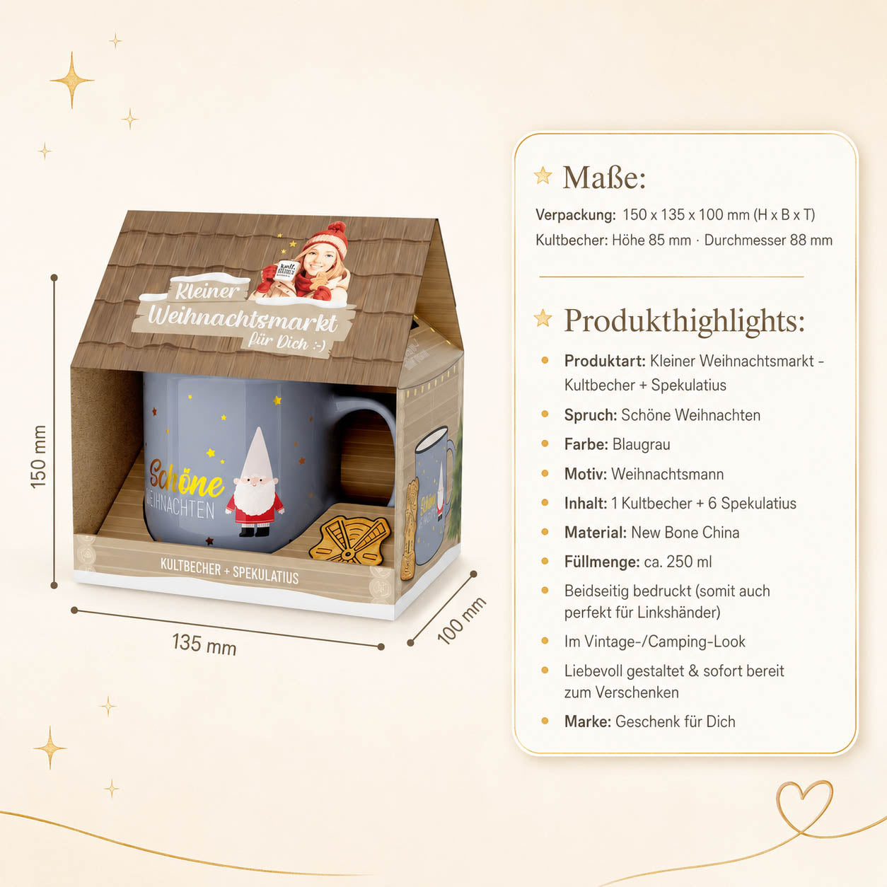 Infografik Kleiner Weihnachtsmarkt Schöne Weihnachten Zwerg – Maße und Highlights: Becher 250 ml New Bone China, 6 Spekulatius, beidseitig bedruckt