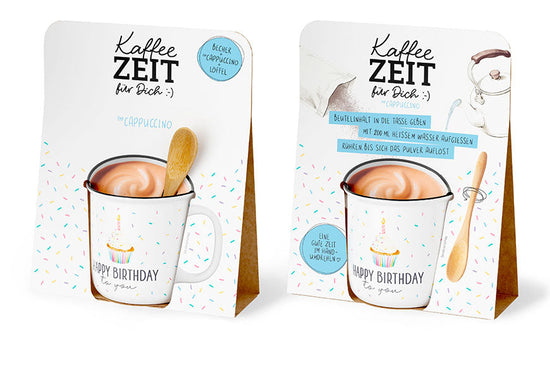 Kaffeezeit für Dich „Happy Birthday to you“ Cupcake – Geschenkset mit Kultbecher, Cappuccino & Bambuslöffel