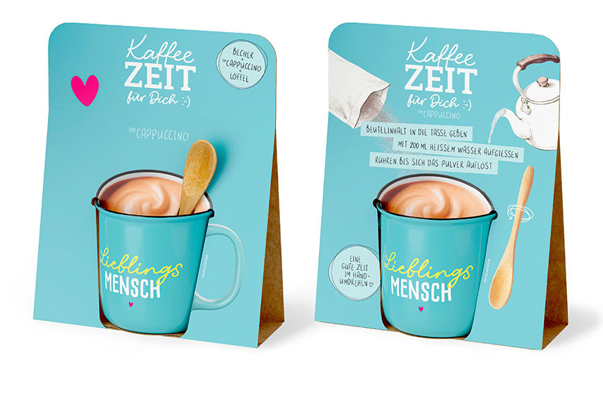 Kaffeezeit für Dich „Lieblingsmensch“ Petrol – Geschenkset mit Kultbecher, Cappuccino & Bambuslöffel