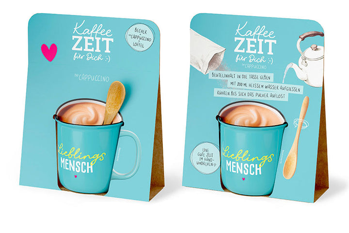 Kaffeezeit für Dich „Lieblingsmensch“ Petrol – Geschenkset mit Kultbecher, Cappuccino & Bambuslöffel
