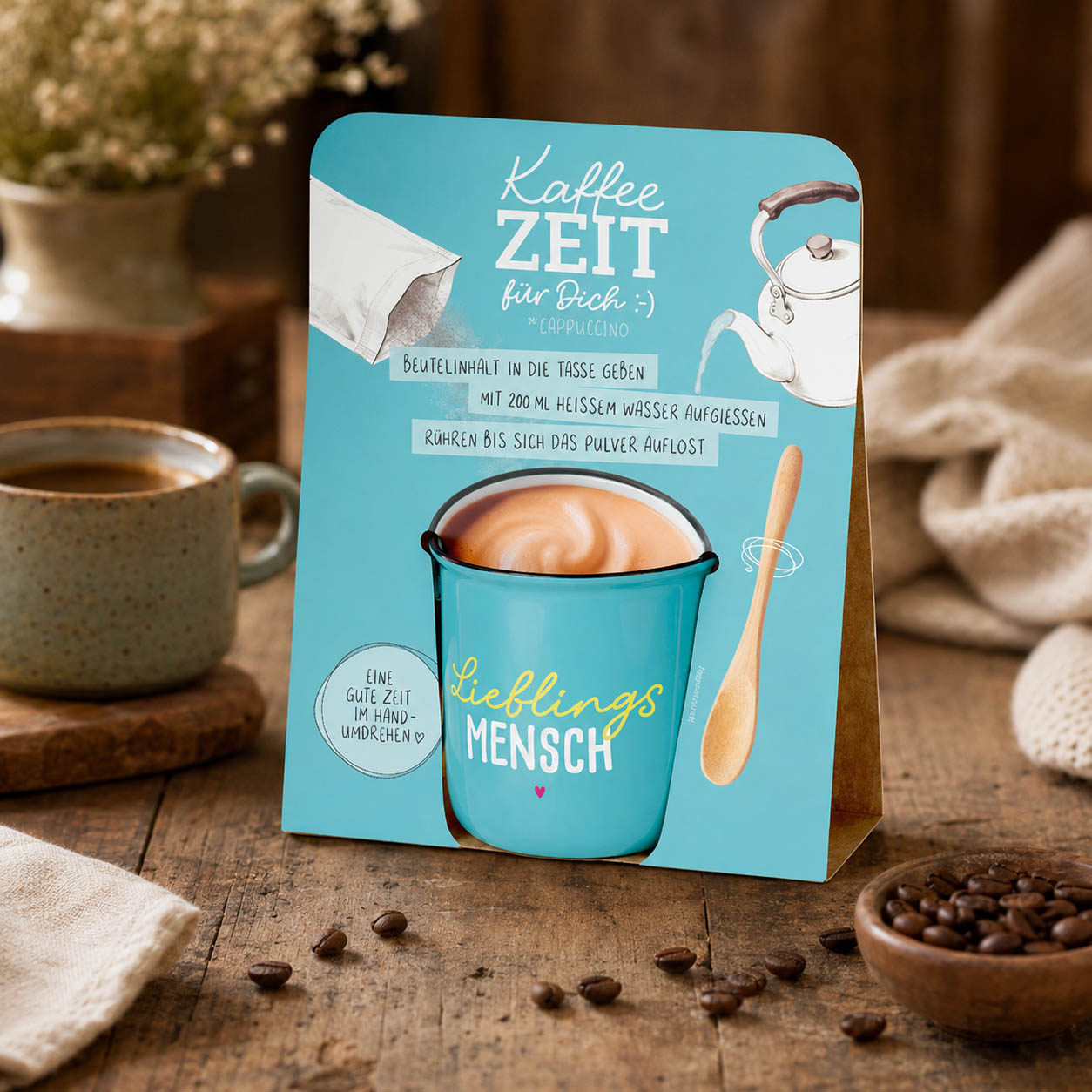 Kaffeezeit für Dich „Lieblingsmensch“ Petrol – Geschenkset (Moodbild)
