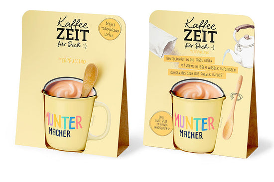 Kaffeezeit für Dich „Muntermacher“ Gelb – Geschenkset mit Kultbecher, Cappuccino & Bambuslöffel