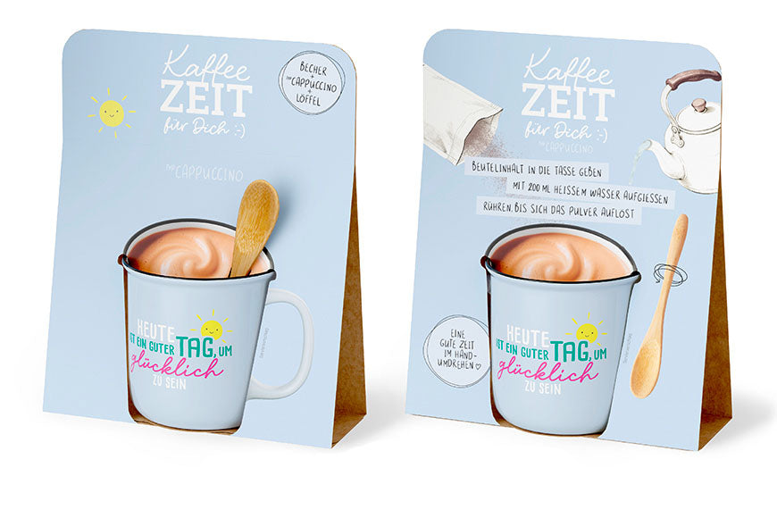 Kaffeezeit für Dich „Heute ist ein guter Tag, um glücklich zu sein“ Hellblau – Geschenkset mit Kultbecher, Cappuccino & Bambuslöffel