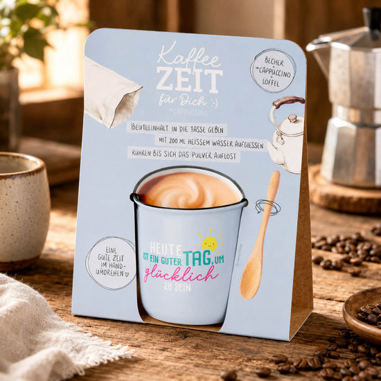 Kaffeezeit für Dich „Heute ist ein guter Tag“ Hellblau – Geschenkset (Moodbild)