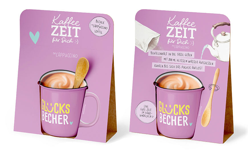 Kaffeezeit für Dich „Glücksbecher“ Violett – Geschenkset mit Kultbecher, Cappuccino & Bambuslöffel