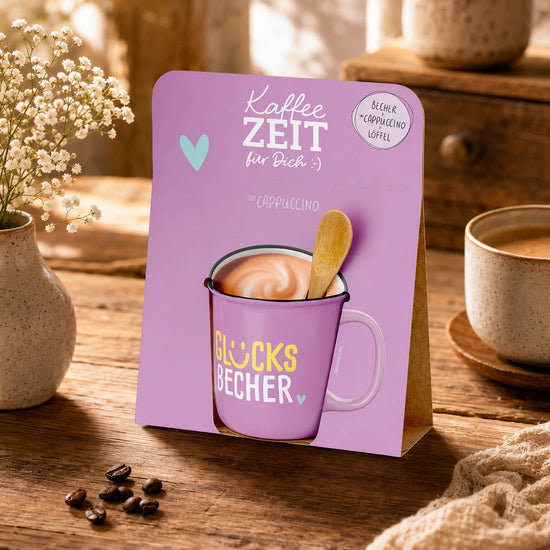 Kaffeezeit für Dich „Glücksbecher“ Violett – Geschenkset (Moodbild)