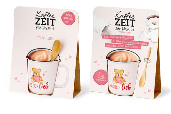 Kaffeezeit für Dich „Hab dich lieb“ Teddybär – Geschenkset mit Kultbecher, Cappuccino & Bambuslöffel